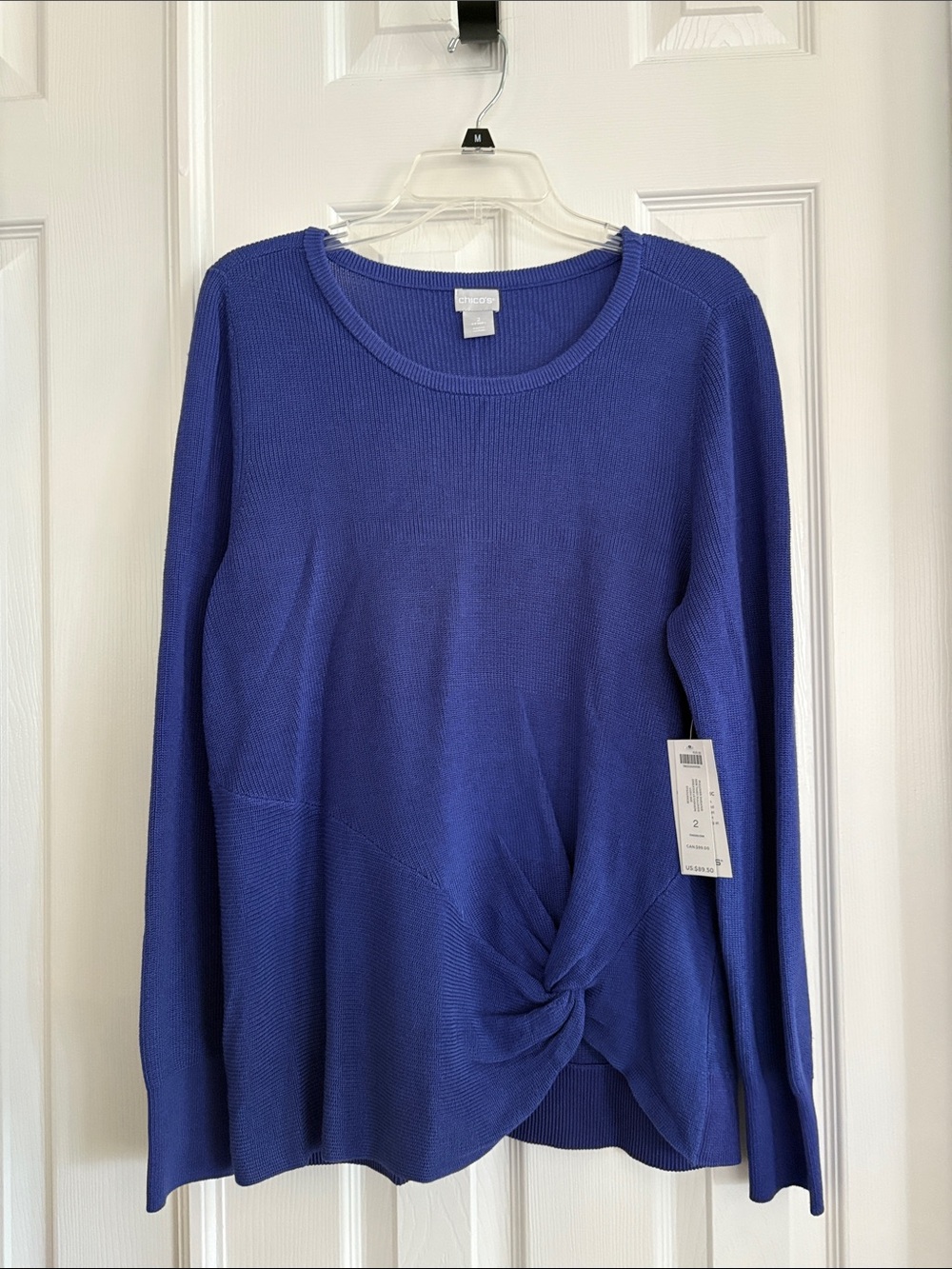 Chico’s pullover Cotton Rayon knit sweater side twist Blue Purple NWT Women’s L